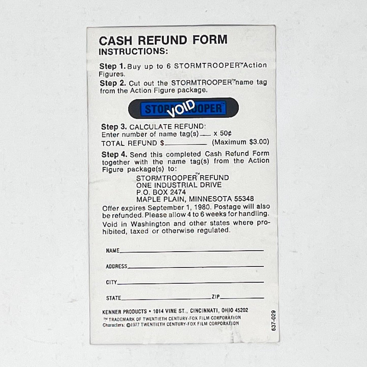 Vintage Kenner Star Wars Paper Kenner Stormtrooper Cash Refund Insert (1979)