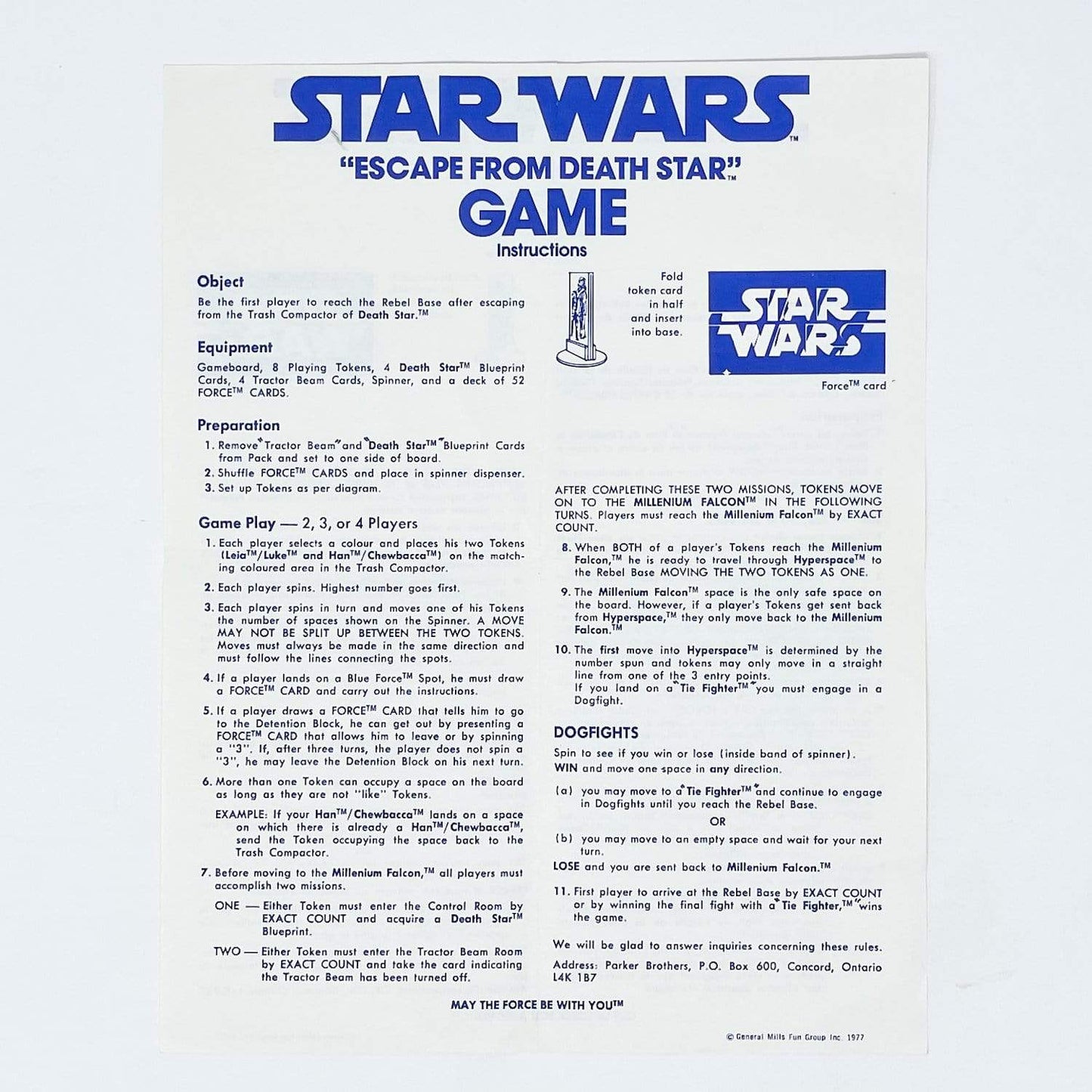 Vintage Kenner Star Wars Paper Star Wars Escape the Death Star Game Instructions - Canadian