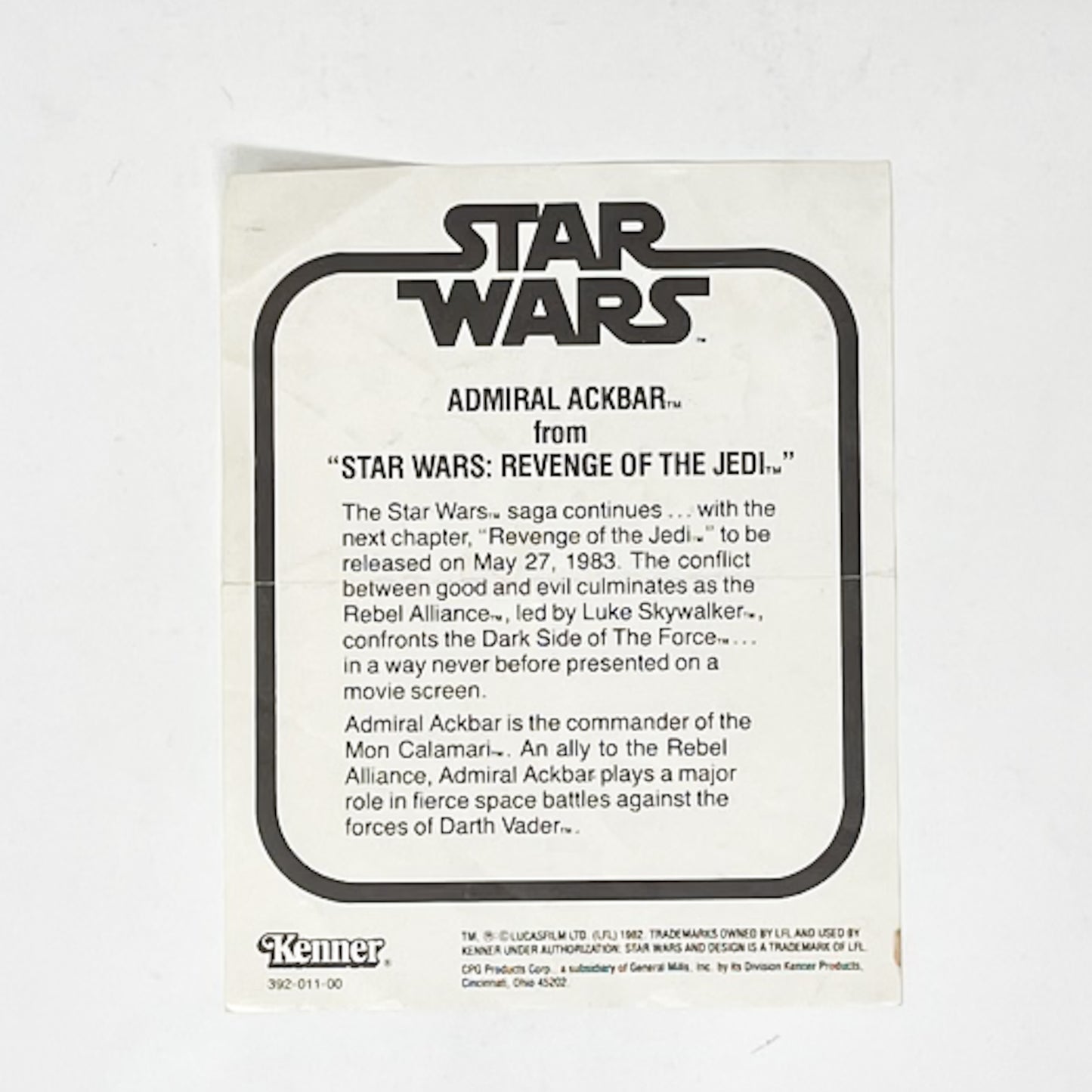 ROTJ Admiral Ackbar Kenner Mail-Away Insert