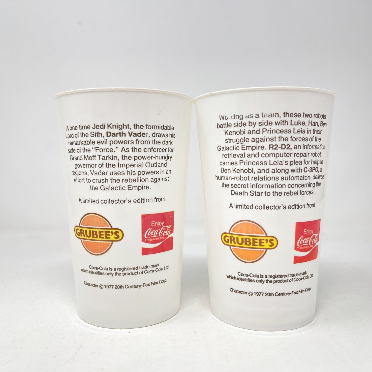 Vintage Coca-Cola Star Wars Non-Toy Canadian Grubee's Coca-Cola Cups - Complete Set of 2