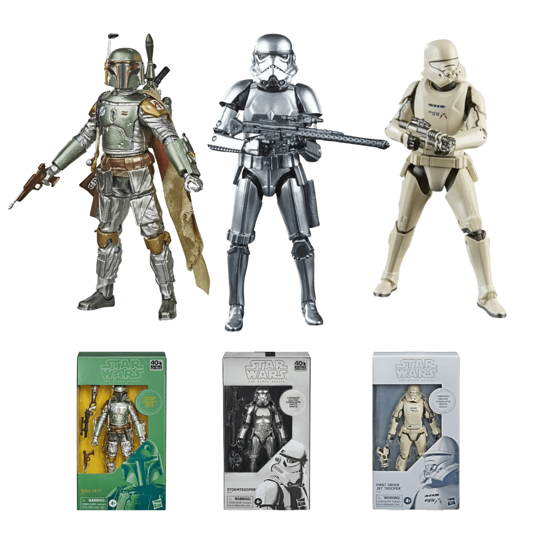 Vintage Hasbro Star Wars Modern MOC Bundle Deal: x3 Carbonized Black Series - Stormtrooper - Jet Trooper - Boba Fett