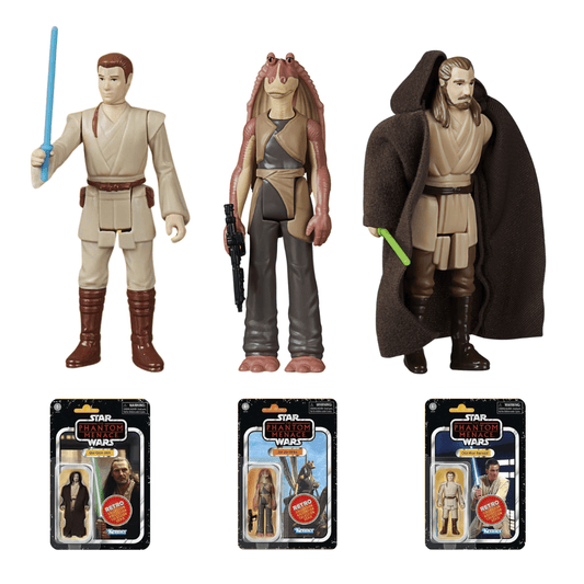 Vintage Hasbro Star Wars Retro Collection Bundle Deal: Qui-Gon - Jar Jar - Obi Wan (TPM) Set of 3 - 3.75" Hasbro Retro Collection