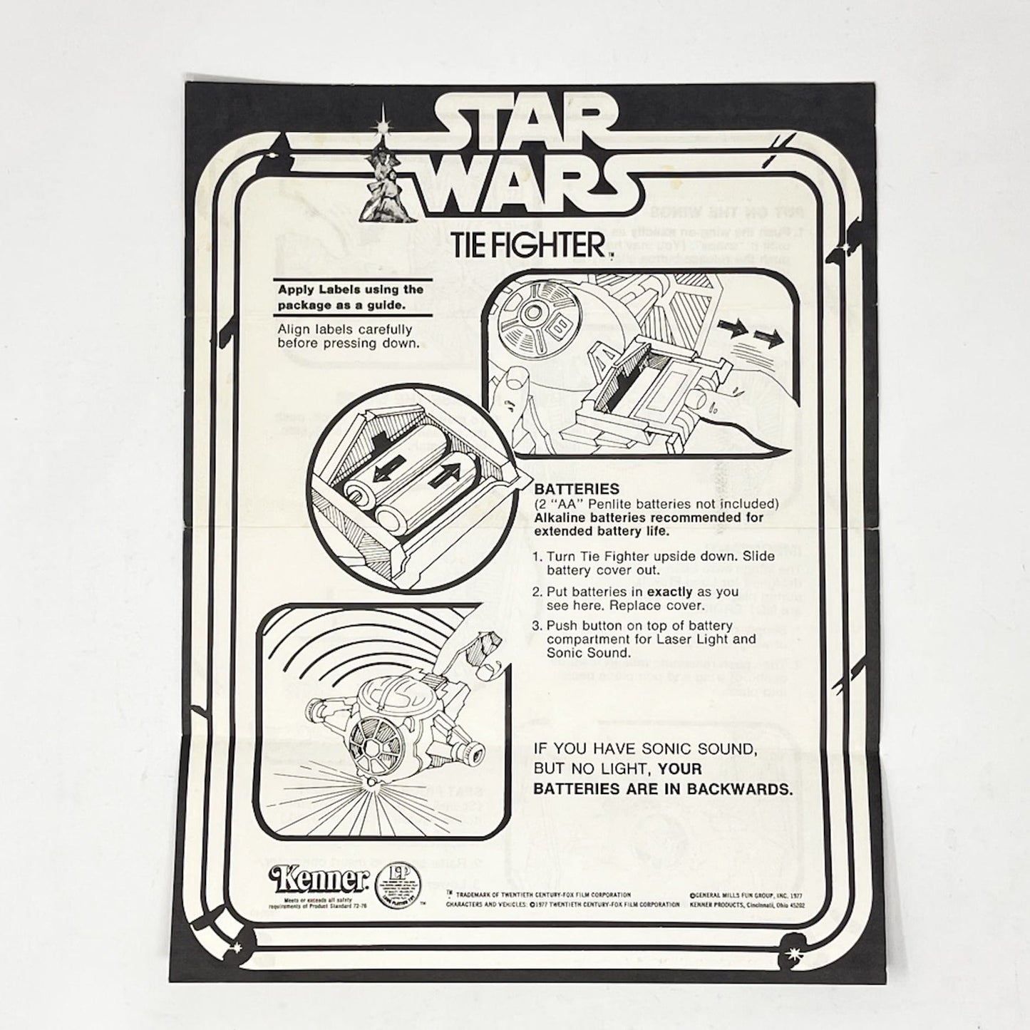 Vintage Kenner Star Wars Paper Star Wars TIE Fighter Instructions