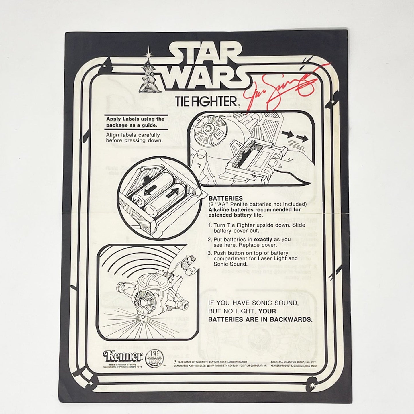 Vintage Kenner Star Wars Paper Swearingen Autographed TIE Fighter Instructions Kenner