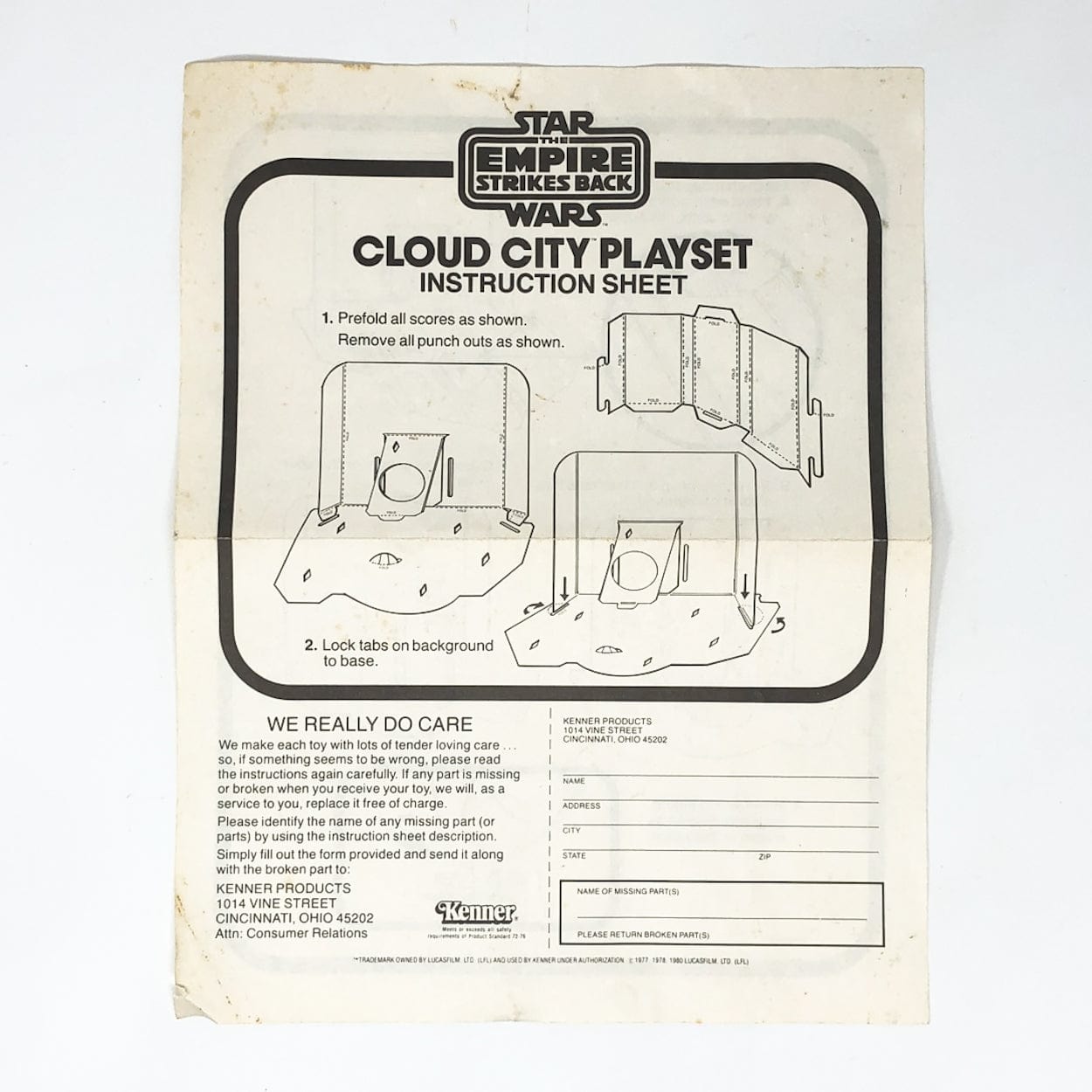 Vintage Kenner Star Wars Paper ESB Cloud City Playset Instructions