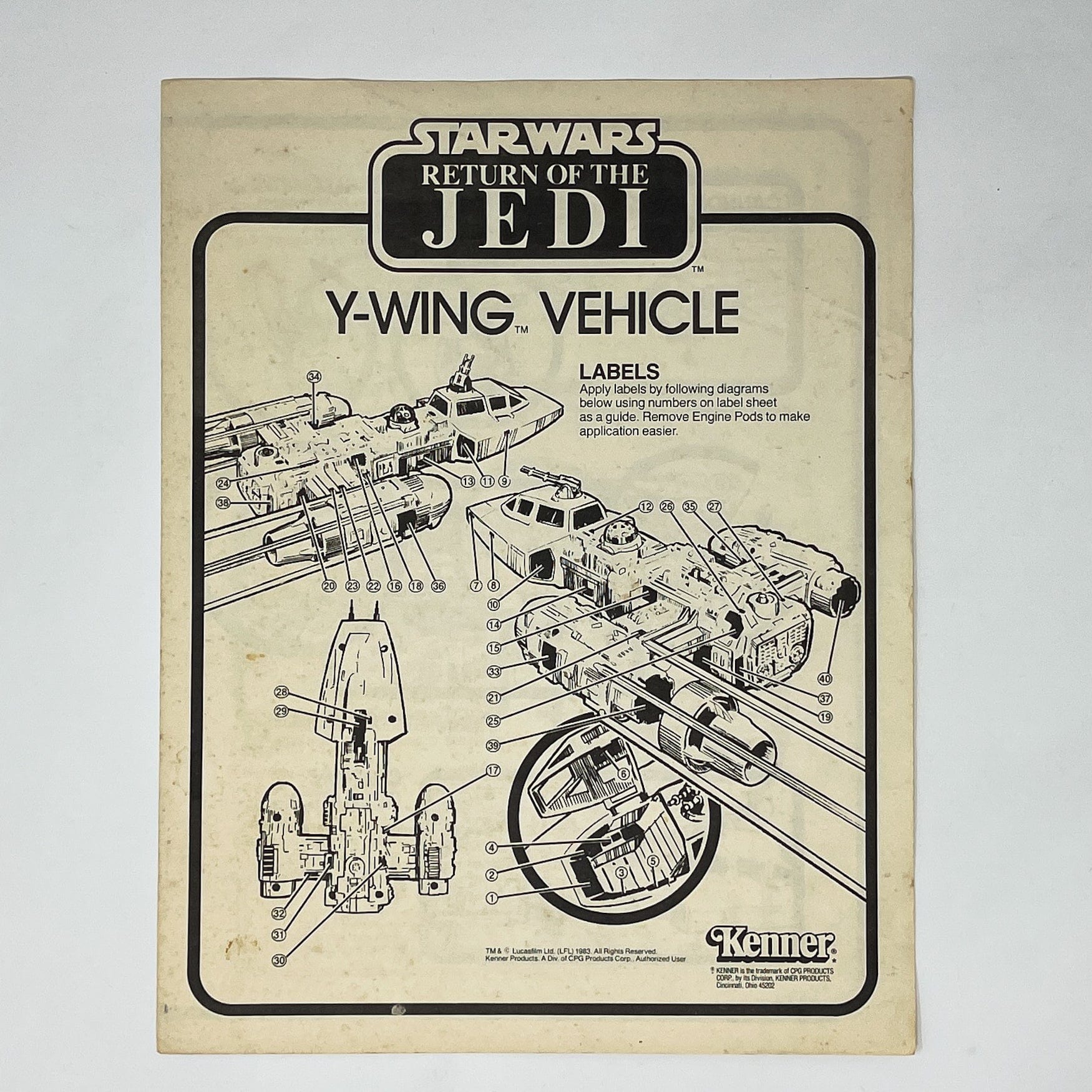 Vintage Kenner Star Wars Paper ROTJ Y-Wing Instructions