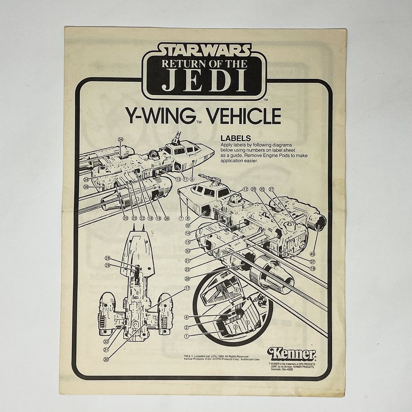 Vintage Kenner Star Wars Paper ROTJ Y-Wing Instructions