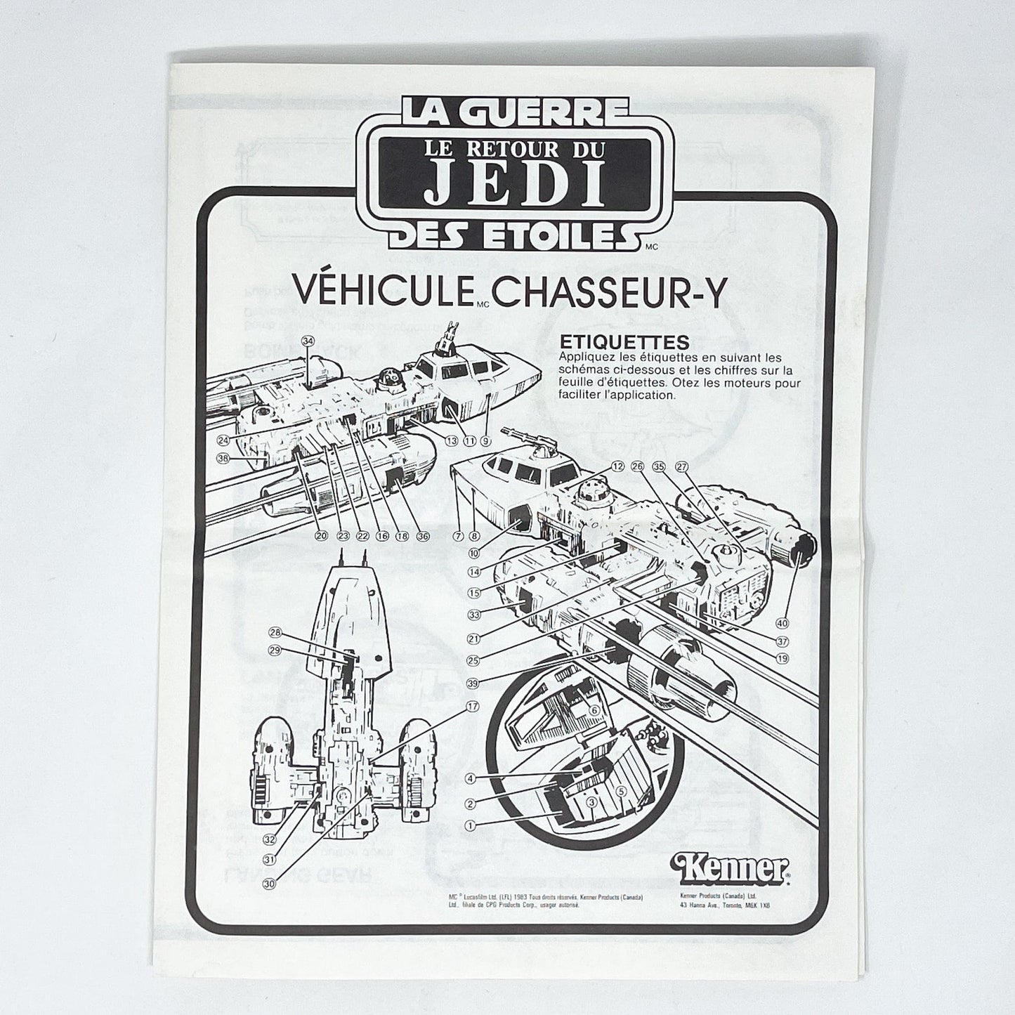 Vintage Kenner Star Wars Paper ROTJ Y-Wing Instructions - Kenner Canada