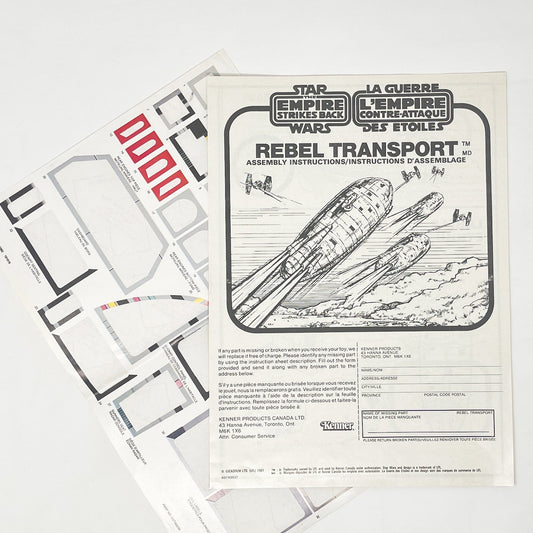 Vintage Kenner Star Wars Paper ESB Rebel Transport Instructions & Sticker Sheet - Kenner Canada