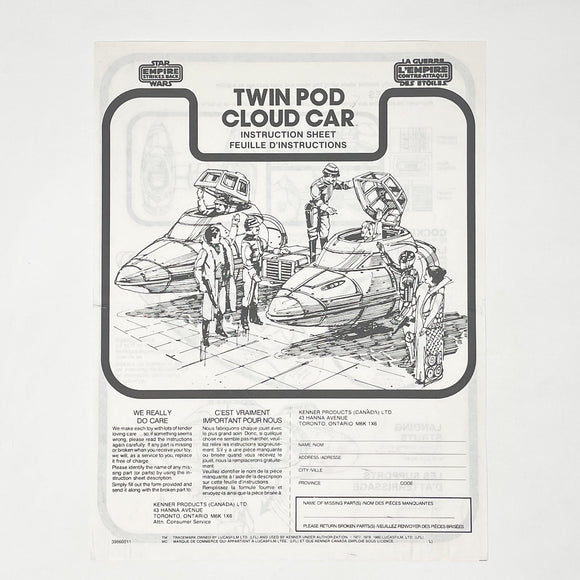 Vintage Kenner Star Wars Paper ESB Twin Pod Cloud Car Instructions - Kenner Canada